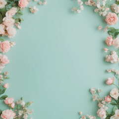 Obraz premium 민트 녹색 배경에 부드러운 꽃 프레임 