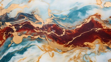 Fototapeta premium Abstract design featuring swirling colors of blue, red, and gold, creating a fluid marble effect.