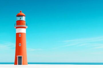 Fototapeta premium Red lighthouse stands on a beach next to the ocean. The lighthouse is tall and has a pointed top. The sky is clear and blue, and the water is calm. The lighthouse is a symbol of safety and guidance