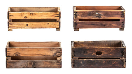 Fototapeta premium Four wooden crates, different shades of light and dark brown. transparent background. 