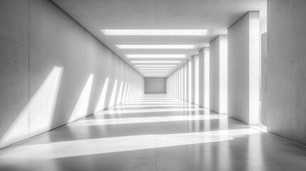 Obraz premium bright, minimalist interior space featuring concrete walls and wide angle perspective. light streaming through openings creates serene and modern atmosphere