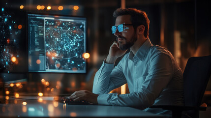 A focused professional analyzes data on a futuristic computer display in a modern office late at night