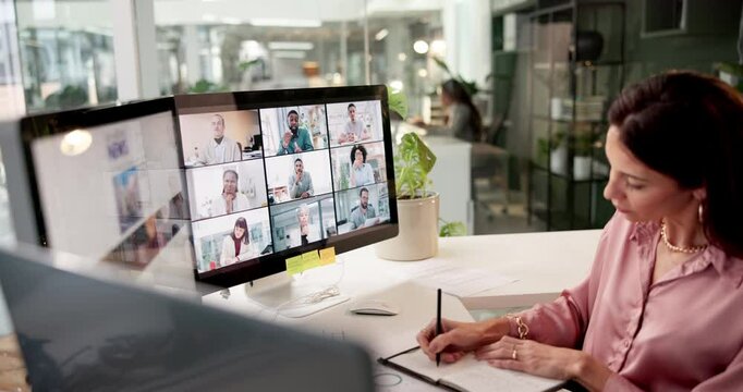 Online conference, computer and business woman writing notes for journalism training on screen in creative startup. Webinar, video call and happy worker with notebook in group virtual chat or meeting