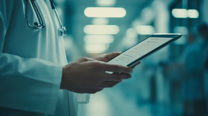 Medical professional using a tablet in a busy healthcare setting to review patient information and collaborate with colleagues