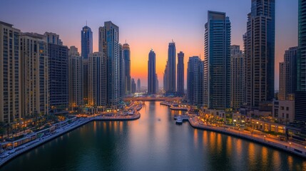 Obraz premium A panoramic view of a city skyline with skyscrapers and a canal at sunset.