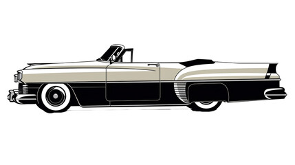 Vintage black and white convertible car illustration with classic design elements.