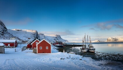 冬支度が進む漁村、薄い雪が覆う灯台や小屋と岸辺に並ぶ寂しい船が生む懐かしい情景
