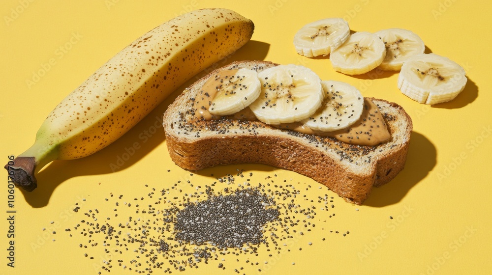 Poster banana toast with nut butter on yellow background