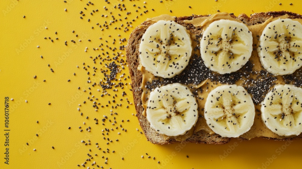 Poster healthy banana toast with seeds on yellow background