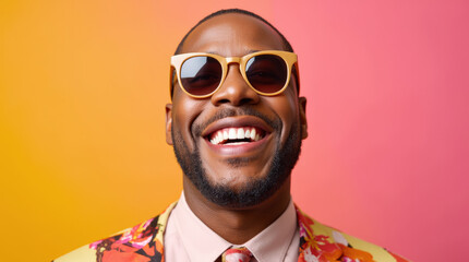 Fototapeta premium Vibrant Sunglasses Fashion Portrait: Trendy Close-Up in Colorful Artistic Setting