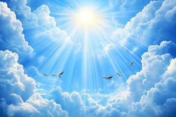 Heavenly Horizon: Stunning Blue Sky with Sun and Clouds View from Above the Clouds with Sun Rays - High Quality Image