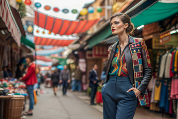Obraz premium Fashionable Woman Strolling Through Vibrant Market Street in Colorful Attire