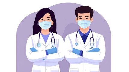 Fototapeta premium In this detailed stock photo, two skilled dentists, a male and a female, are depicted standing confidently with their arms crossed, showcasing their unity and professionalism