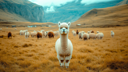 Fototapeta premium A curious alpaca stands in a vast green meadow surrounded by a herd of grazing alpacas under cloudy skies in the Peruvian Andes