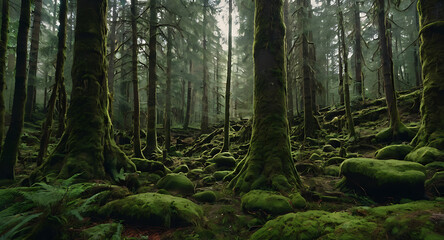 Obraz premium A dense, untouched forest filled with moss-covered rocks and towering trees. Primitive wilderness untouched by human development, radiating a sense of mystery and ancient times.