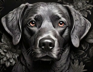 silver and black flowers, leaves, pattern with the face of a labrador