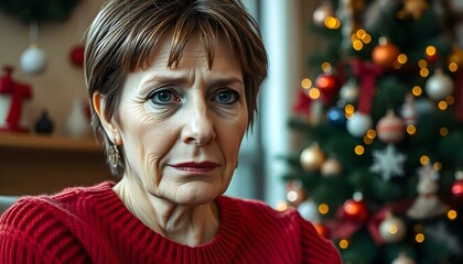 Lonely sad middle aged woman sitting alone at christmas time, isolation solitude and loneliness...