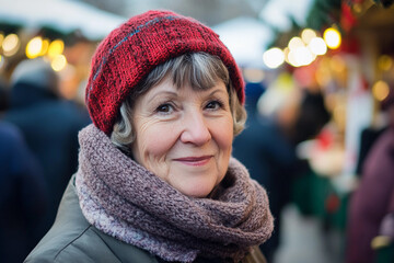 Joyful woman at a winter market wearing a cozy red hat