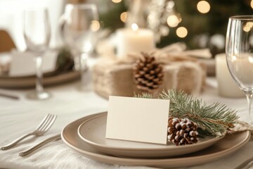 Beige blank place card mockup with seating arrangement on plate, table setting for christmas dinner
