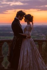 Couple in victorian dresses. Young man and young beautiful woman wearing old fashioned clothes
