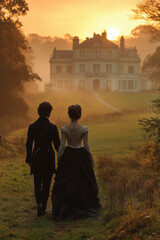 Couple in victorian dresses. Young man and young beautiful woman wearing old fashioned clothes