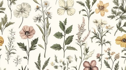 Vintage botanical illustrations create a seamless pattern background.