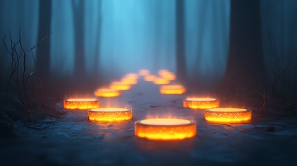 Naklejka premium Illuminated pathway guides wanderers through enigmatic foggy forest at dusk