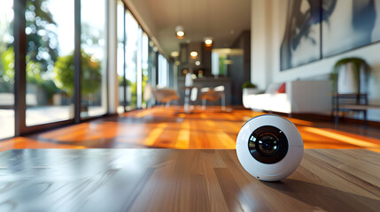 360-degree camera mounted on a table in a modern hallway - illustration