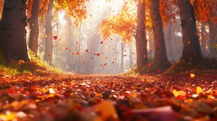 Fototapeta premium Serene autumn forest glade filled with vibrant foliage and soft sunlight casting shadows over a blanket of fallen leaves