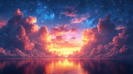 Vibrant sunset over calm waters with colorful clouds and stars.