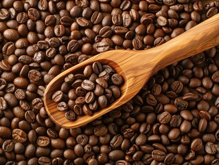 Fototapeta premium A closeup view of roasted coffee beans, some in a wooden spoon, with the beans filling the frame.