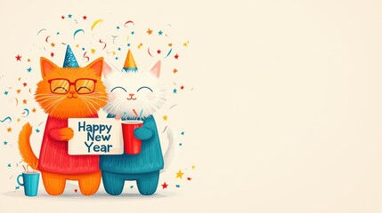 Obraz premium Festive Cartoon Cats in Costumes with New Year Sign and Confetti