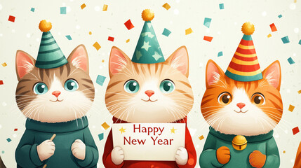 Fototapeta premium Cheerful Cats in New Year Costumes with Sign