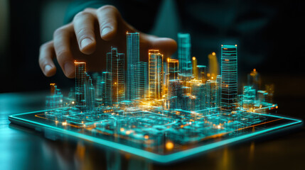 Obraz premium A person interacts with a holographic city model displaying tall buildings and vibrant urban details during a technology demonstration