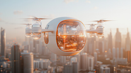 Naklejka premium Futuristic drone flying over a modern city skyline during sunrise.