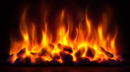 Fototapeta premium Fire flames with bright orange and yellow hues. Burning embers on a dark background. Warm and cozy atmosphere concept