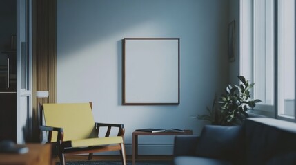 A minimalist living room with a yellow chair, empty frame, and a plant by the window.
