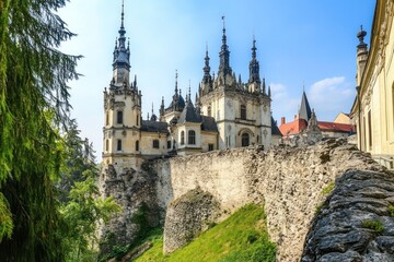 Fototapeta premium A picturesque castle surrounded by lush greenery under a clear blue sky.