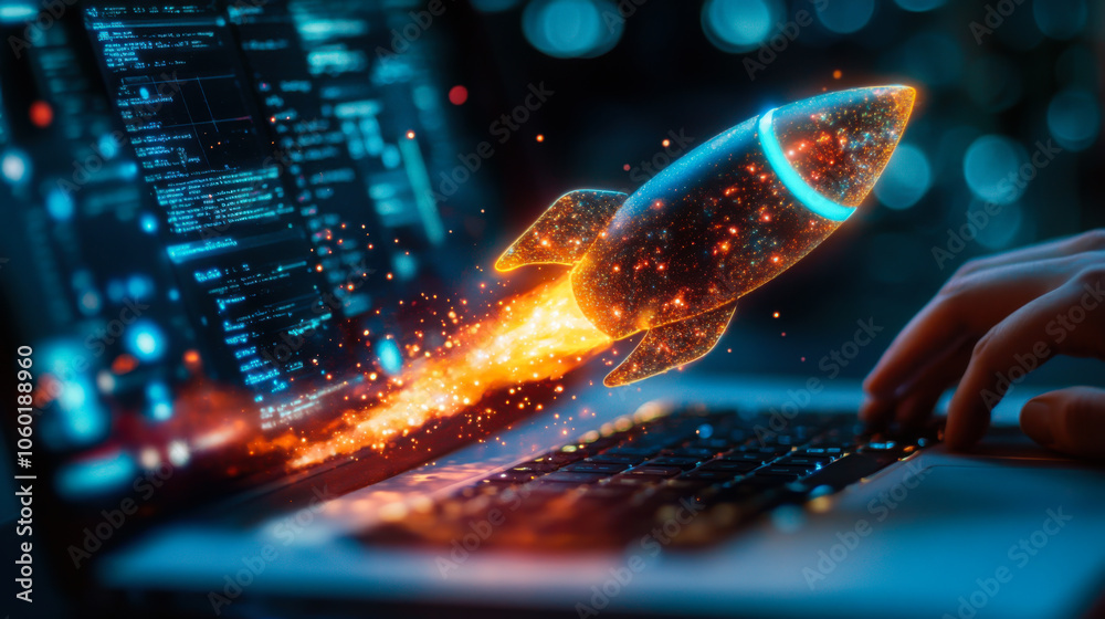 Poster digital rocket launching from laptop while someone types code in a darkened environment filled with 