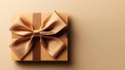 Elegant gift box wrapped with a shiny golden ribbon on a soft beige background, emphasizing luxury and celebration themes.
