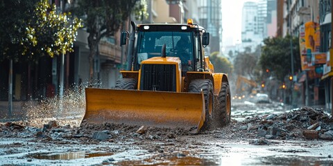Bulldozer Clearing Debris From City Street After Storm
