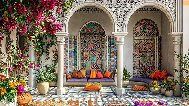 A traditional Moroccan riad adorned with colorful tiles and ornate furnishings, offering an authentic cultural experience. Concept of Arabian hospitality and elegance