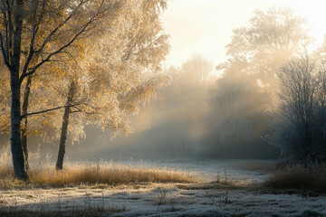 Fototapeta premium Frosty morning light in a tranquil forest clearing