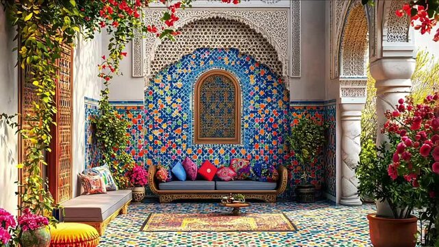 A traditional Moroccan riad adorned with colorful tiles and ornate furnishings, offering an authentic cultural experience. Concept of Arabian hospitality and elegance