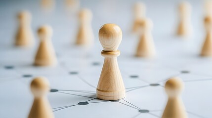 Central pawn represents strategy amidst networked connections in game theory context