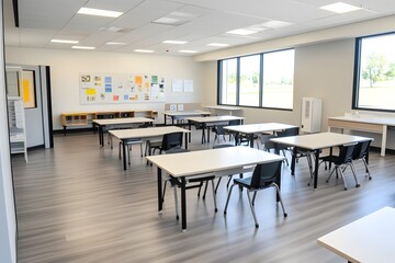 Fototapeta premium Bright and spacious classroom encouraging collaborative learning and engagement among students in modern educational environment