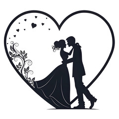 Romantic couple silhouette sharing a kiss inside a heart shape with floral elements and hearts
