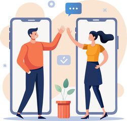 Digital Hi-Five for Success: Business Partners Celebrate Collaboration Through Mobile Connection  transparent background png file,