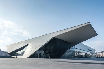 Fototapeta premium A modern architectural structure with a unique angular design and glass elements.