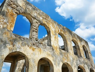 Obraz premium Ruined structure with arched windows under a blue sky.